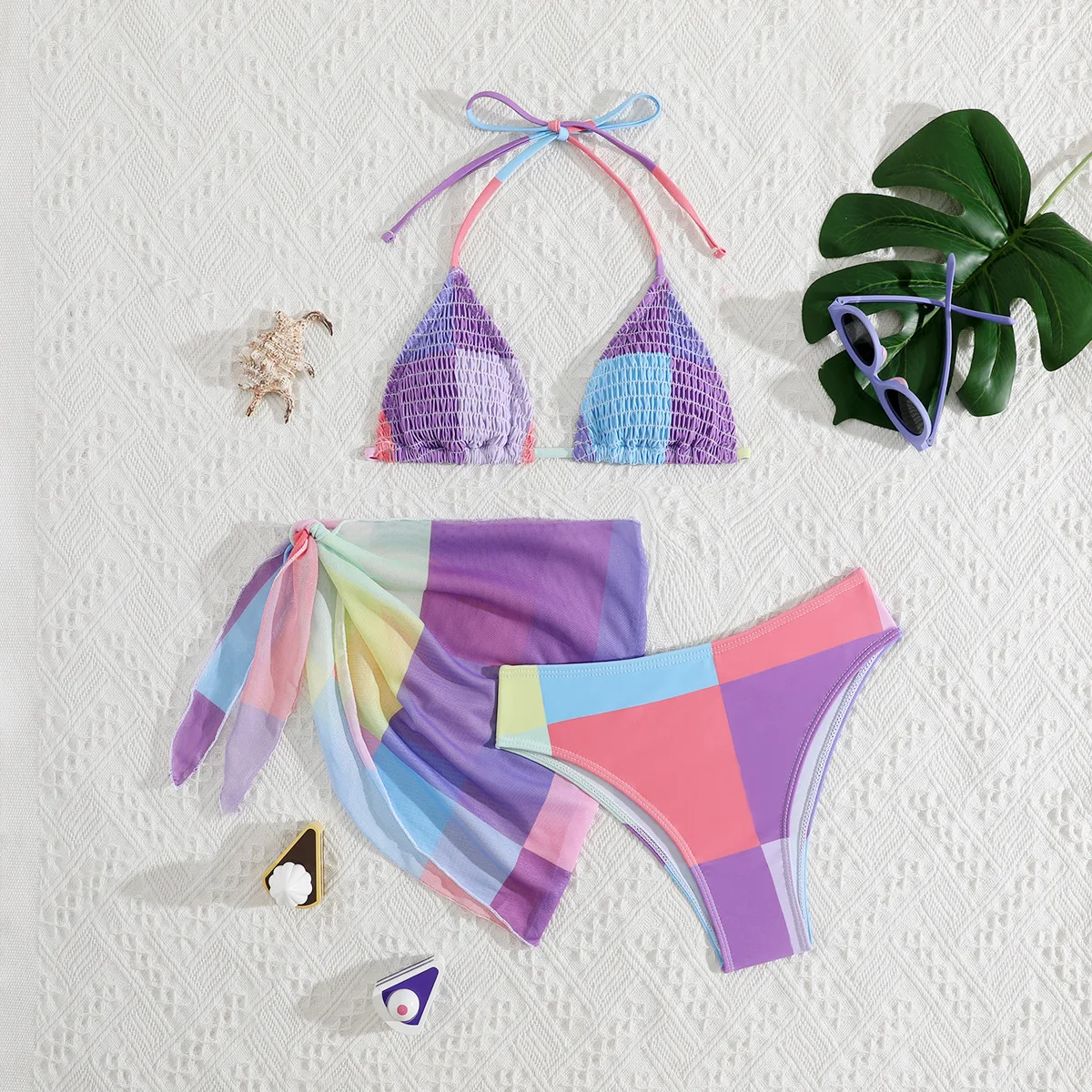 Girls 3pack Color Blocks Bikini Sets Kids Swimsuit&skirts 7-12 Years Children's Swimwear Teens Smocked Bathing Suit Purple