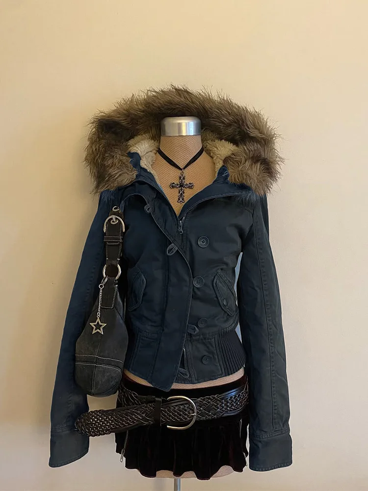 Faionable Vintage Brown Fce Lined Jaet Women's Slimming Outerwear f Sp Girl Original Design Hat Attached Zipper ...