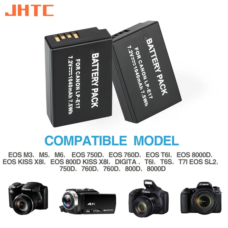 Bateria para Canon Eos m3 m5 750d 760d T6i T6s 8000d Beijo X8i 1040mah Lpe17 Baterias da Câmera Jhtc-lp-e17 - Image 4