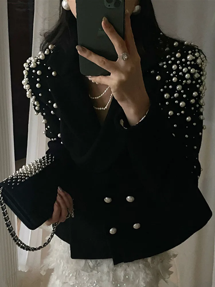 

SMTHMA High Quality Luxury Design Runway Handmade Beaded Cashmere Coat Women's Long Sleeve Double Breasted Blazer Black Jacket