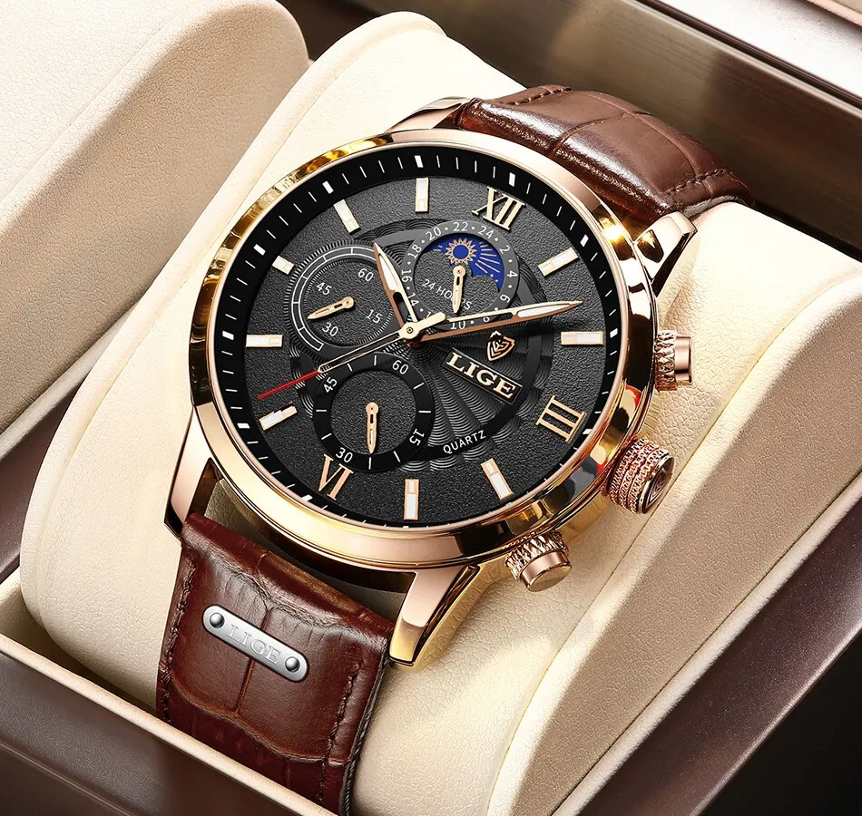 Lige Luxury Brown Leather Casual Quartz Wristwatch for Men | Diversi