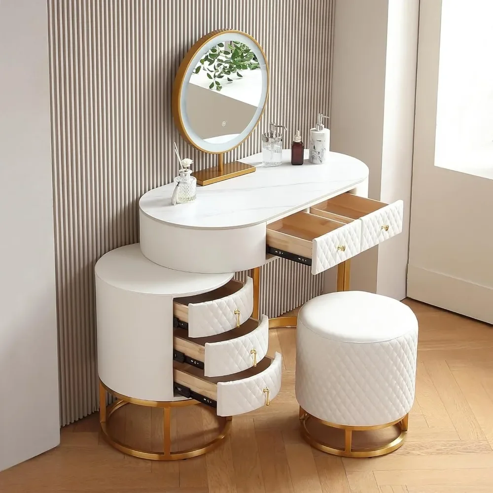 Premium White Faux Leather Vanity Desk Set with Integrated LED Mirror, Comfy Stool and Multifunctional Drawers, White desk 3