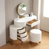 Premium White Faux Leather Vanity Desk Set with Integrated LED Mirror, Comfy Stool and Multifunctional Drawers, White desk 3