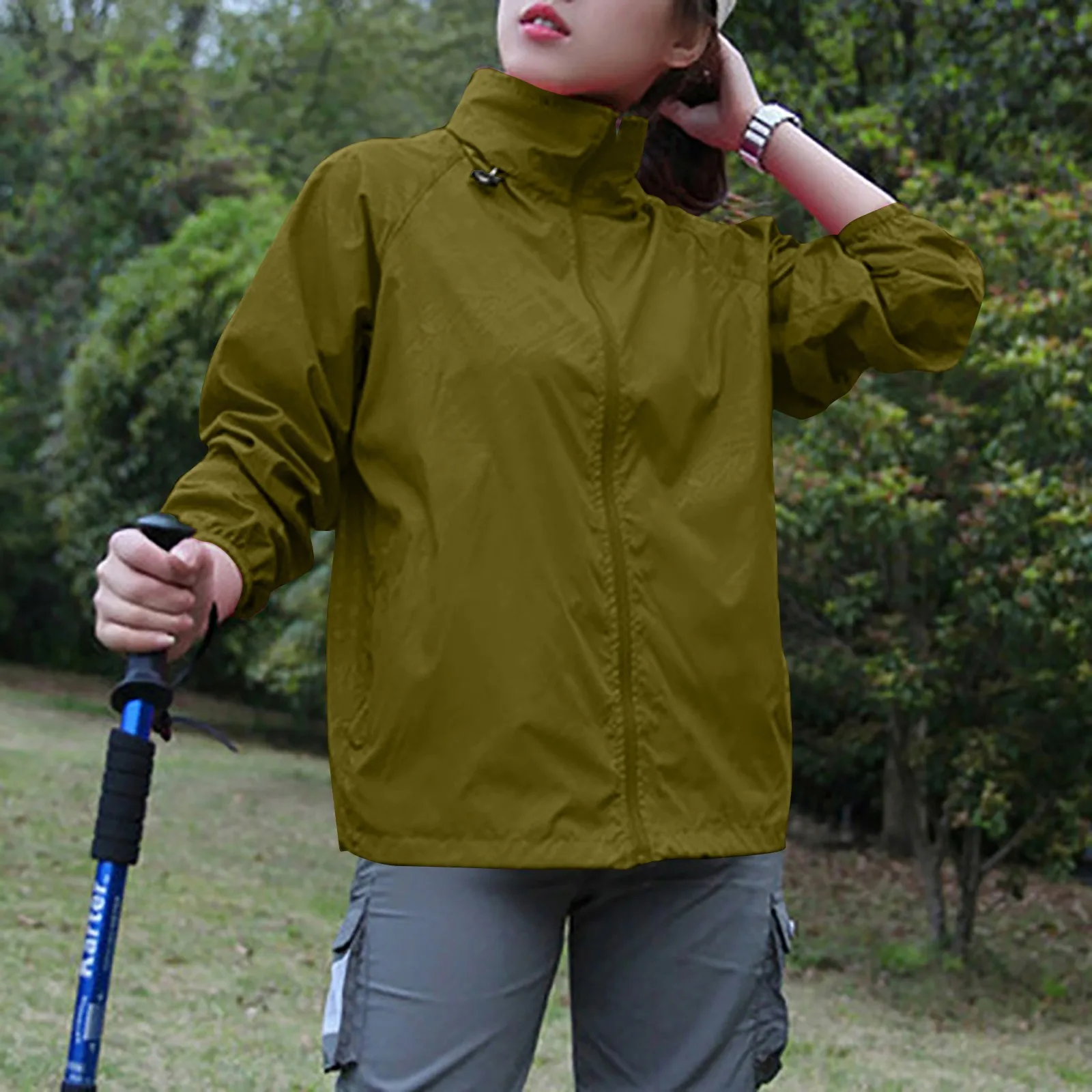 Fashionable solid-colored hooded waterproof windbreaker jacket for outdoor sports, climbing, and casual wear. green 1245465