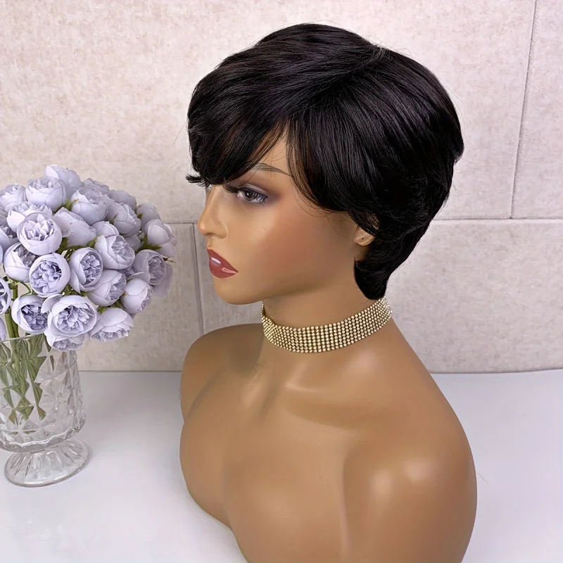 Pixie Cut Wig With Bangs Short Straight Mixed Color Remy Brazilian Human Hair Full Machine Made wig human hair wigs