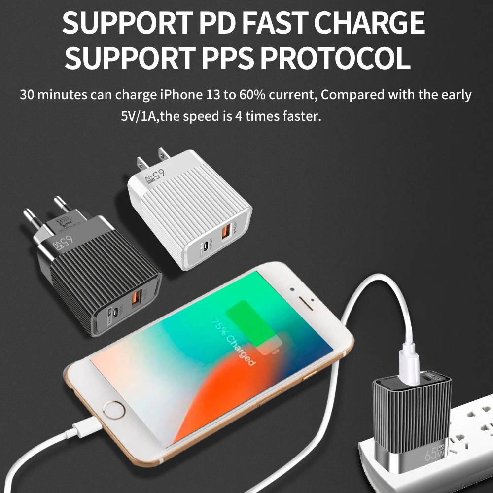 Cool Cargador Universal Ultra Rápido PD USB-C + USB 65W + Cable