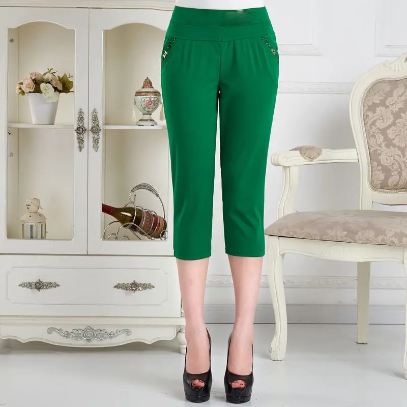 Female Clothing High Waist Elastic Pants Summer Thin Casual Solid Color All-match Fashion Diamonds Pockets Spliced Capri Pants