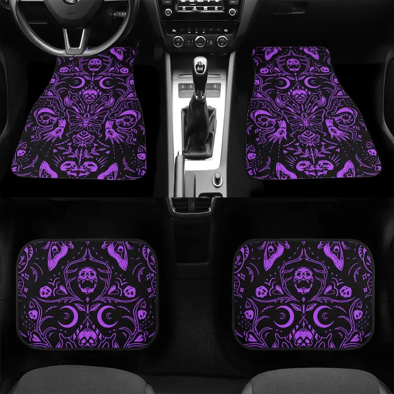 Maximalist Moon Floral Car Floor Mats, Cottagecore Witch Teal