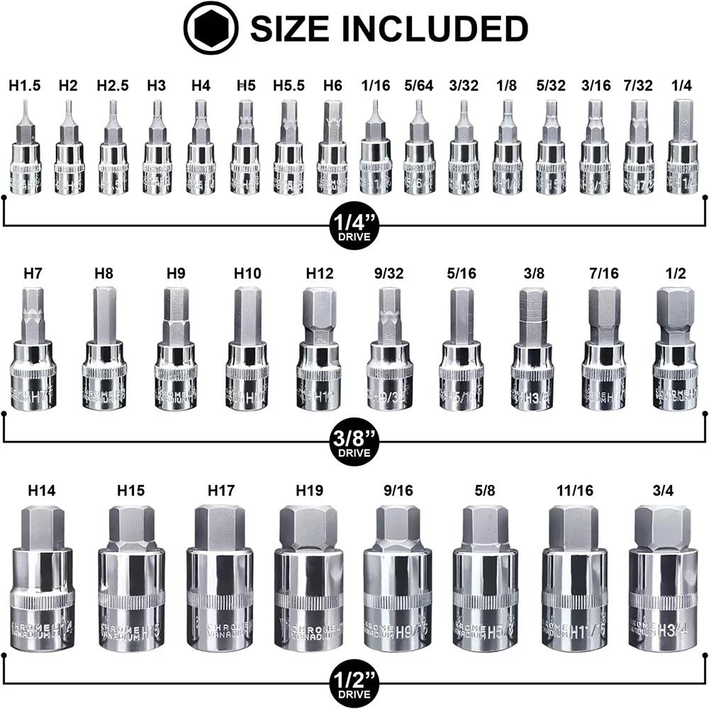 34pcs Master Hex Bit Socket Set Allen Wrench Bit Kit Hex Key for Ratchet Socket Tool SAE and Metric 3/8, 1/4, 1/2 Drive Socket 2