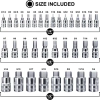 34pcs Master Hex Bit Socket Set Allen Wrench Bit Kit Hex Key for Ratchet Socket Tool SAE and Metric 3/8, 1/4, 1/2 Drive Socket 2