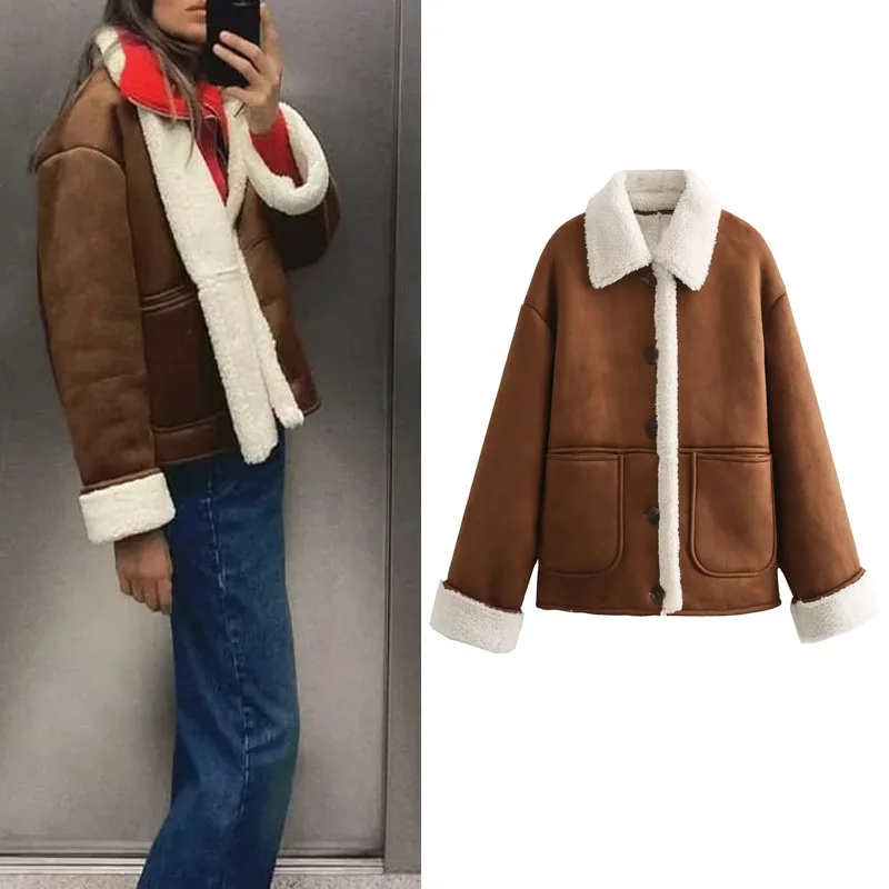 

TRAF Reversible Jacket Women 2023 Vintage Lapel Button Coat Winter Clothes Women Long Sleeve Plush Bomber Jacket New In Outwears