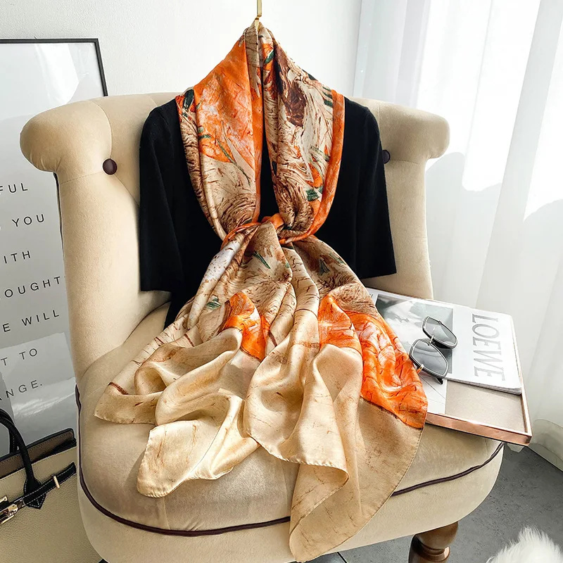 

180X90CM Bandannas Four Seasons Popular Flower Beach Towel Europe And America Long Shawls 2022 Fashion Print Satin Silk Scarves