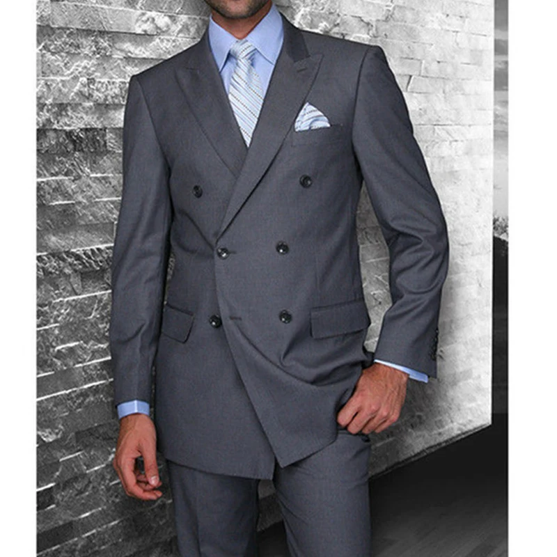 Dark Grey Wedding Suits For Men with Double Breasted Slim Fit British Style Custom Made Groom Tuxedo 2 Piece Jacket Pants 2022