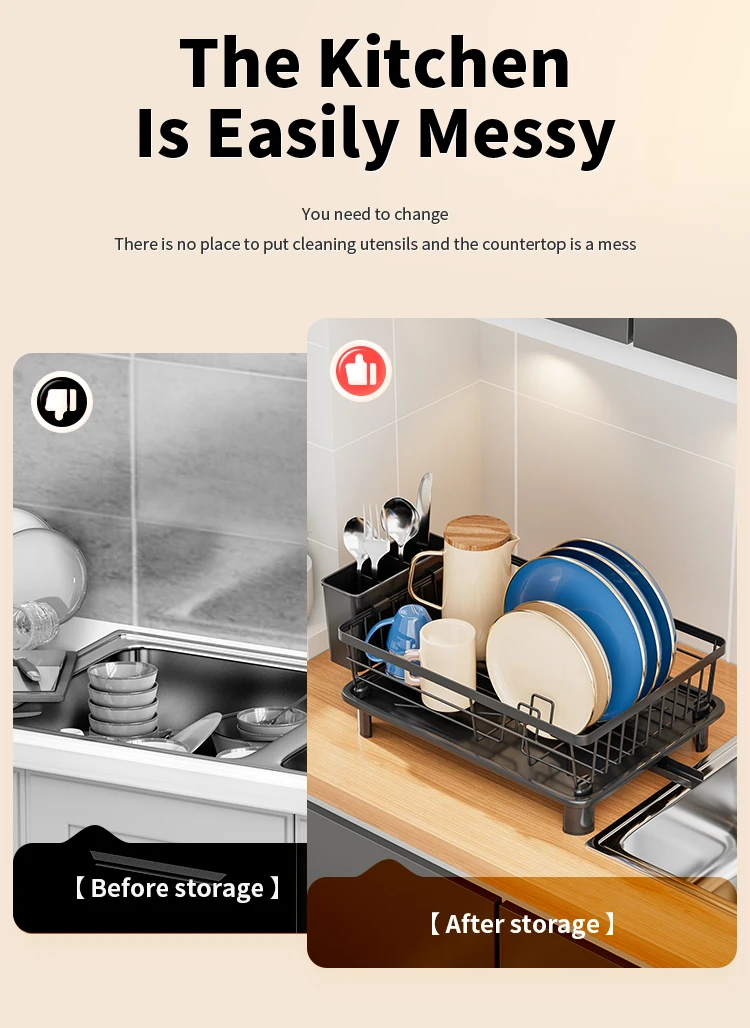 Description Picture 4 of item1pc Dish drying rack Kitchen countetop storage holder with drained board Dish&Bowl&tableware organizer Black White