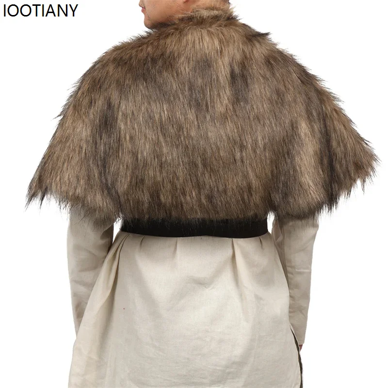 IOOTIANY Halloween Barbarian Cosplay Shoulder Cloak Chest Strap Medieval Men Viking Fur Cape Faux Fur Cape Scarf