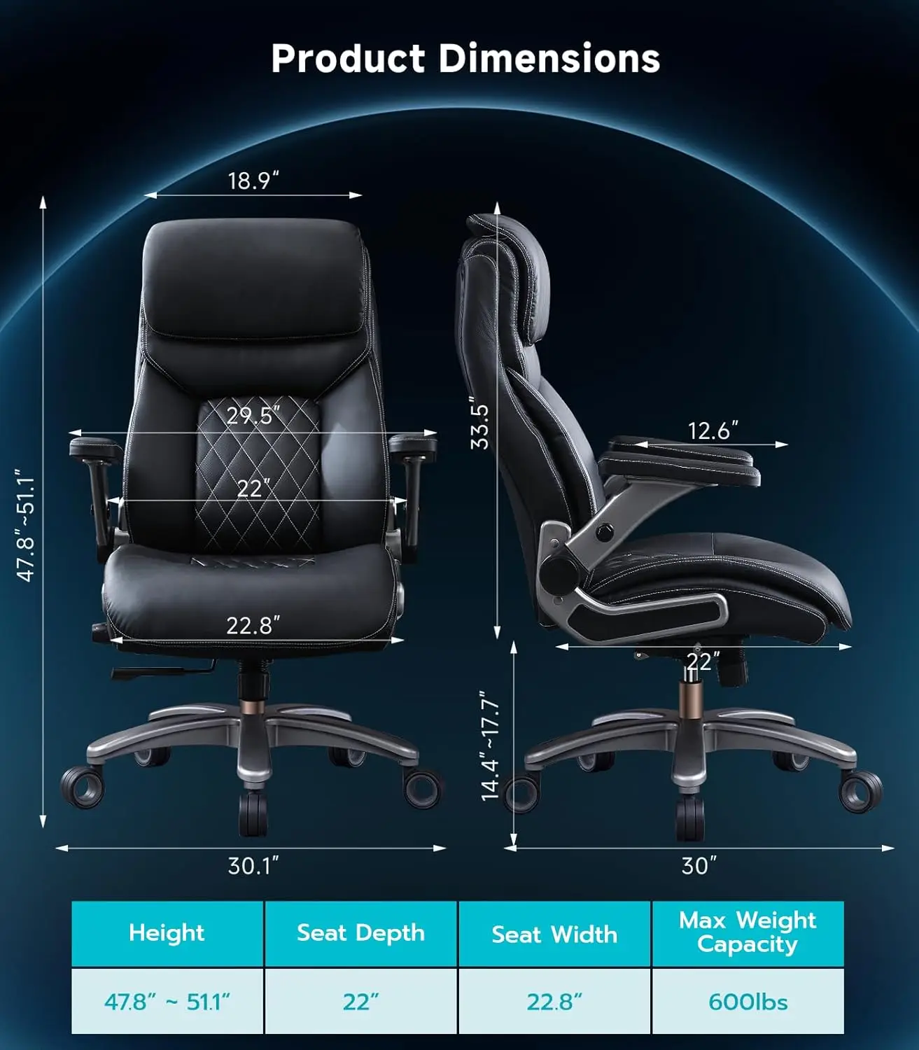 600LBS Big and Tall Office Chair with 5D Flip Arms, PU Leather Executive Chair, Adjustable Lumbar Support 3'' Wheel, Heavy Duty 2