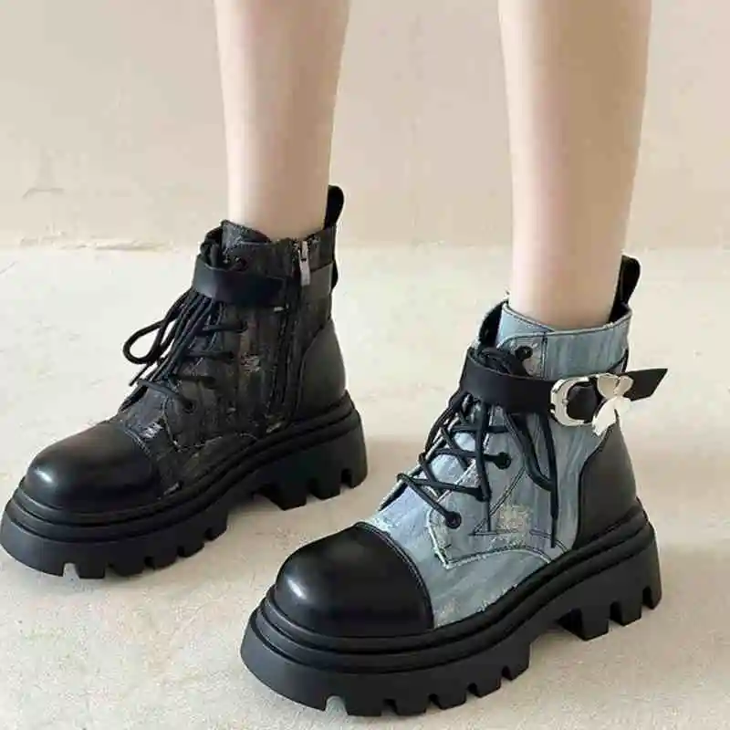 

Модные женские кожаные ботильоны на толстом каблуке с круглым носком, новая дизайнерская обувь в британском стиле на шнуровке, 2024