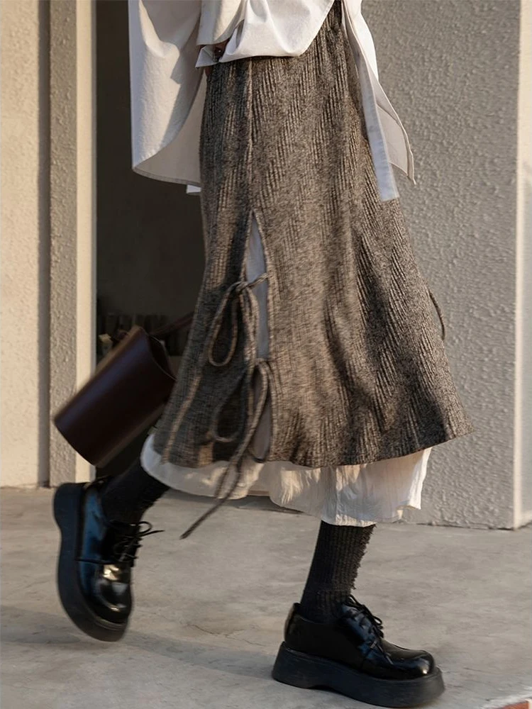 

Длинная юбка Y2k, женские модные плиссированные юбки в Корейском стиле, женская элегантная юбка с высокой талией, Женская винтажная юбка из двух частей неправильной формы