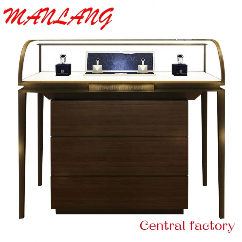 Custom  curved jewelry counter luxury jewelry showcase with wood veneer cabinet