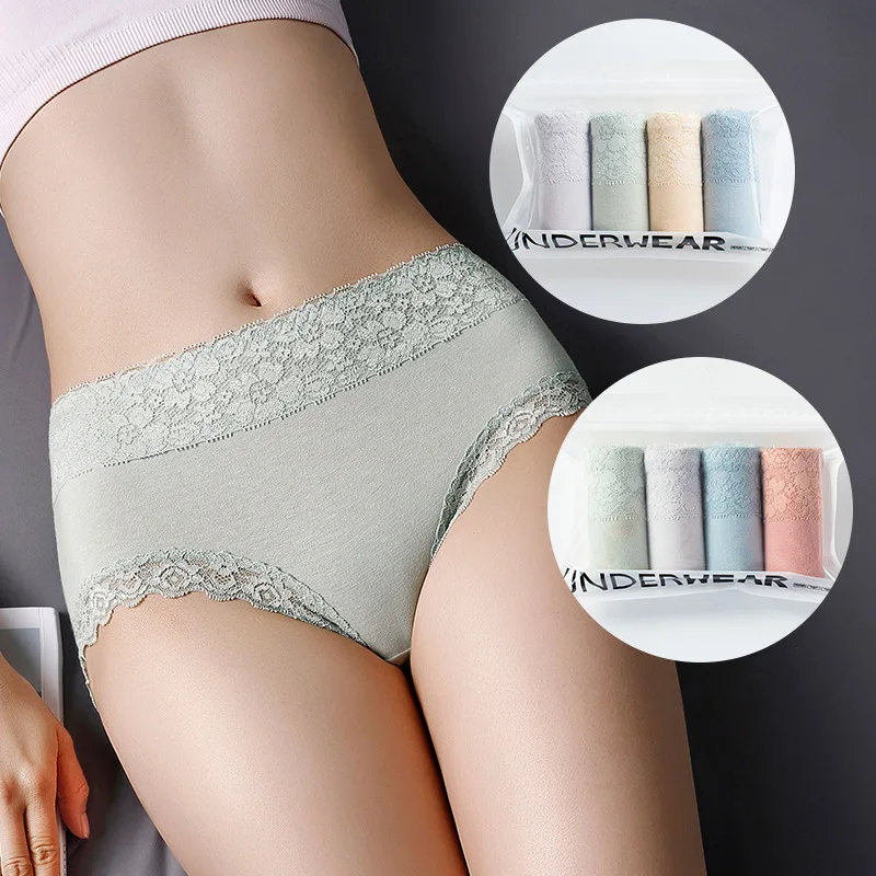 

4pcs/lot Breathable Briefs Women's Cotton Underpants Solid Lingerie Sexy Lace Underwear Antibacterial Panties Female Intimates