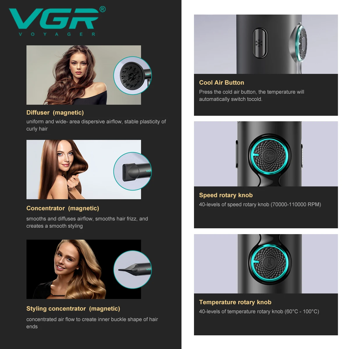 VGR Leafless Hair Dryer Professional Blow Dryer Brushless Motor 110000 RPM Suitable for Home Salons Powerful Hair V-401
