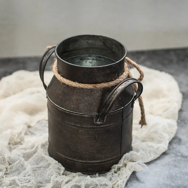 Retro Old Tin Flower Bucket Furnishings Props Garden European Milk Jug Single Plant Pot Vase Decoration Ornaments Home Decor