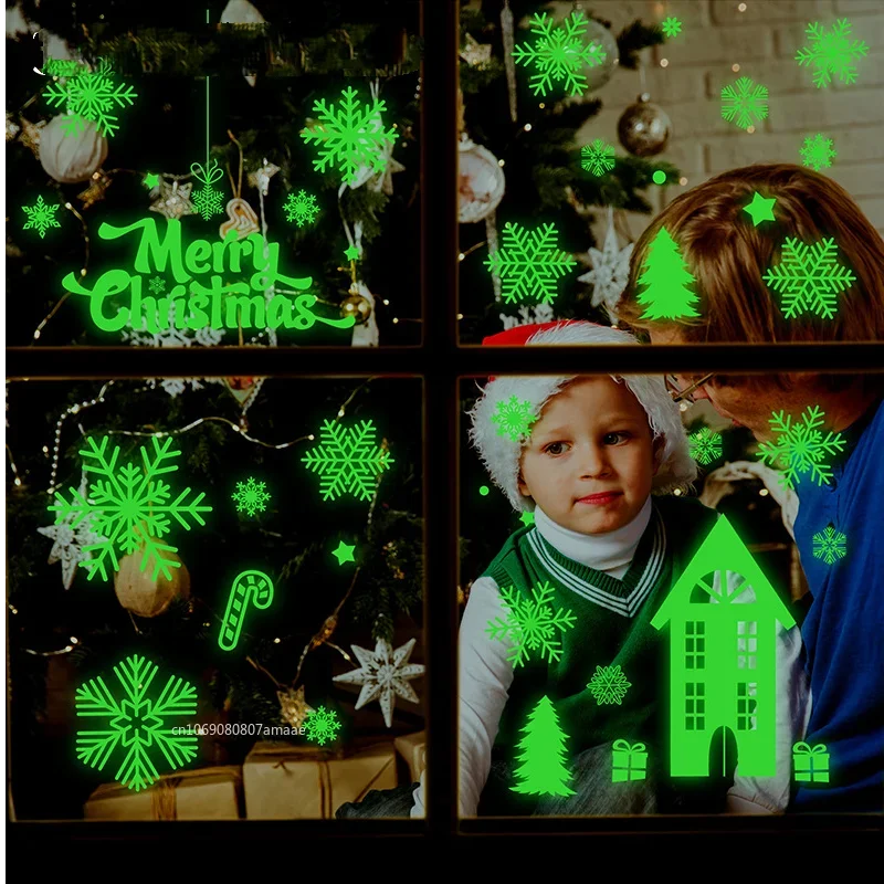 Luminous Christmas Decoration Window Stickers Glow in The Dark Merry Christmas Mirror Sticker White Snowflake Ornaments Decal