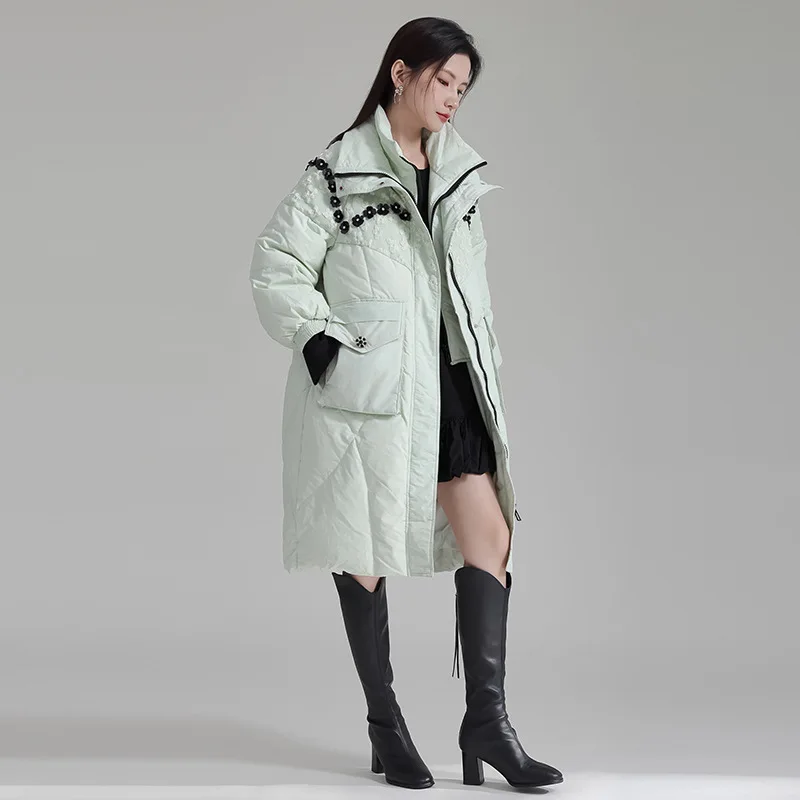 Down Jacket Beaded Applique Decoration Fake Two-piece Winter Contrasting Colors Thickened Mid Length Jacket for Women