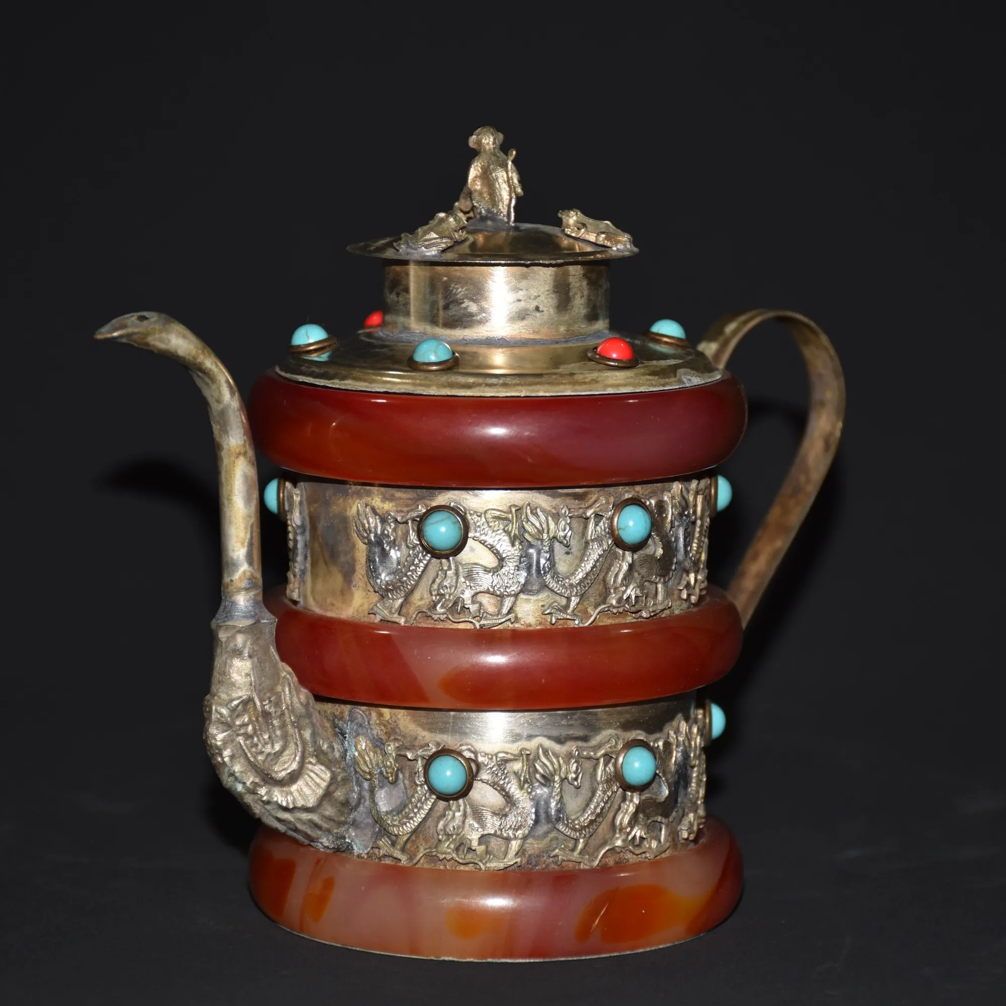 Old Chinese tibet silver inlay red jade handcarved dragon pots wine pot 2