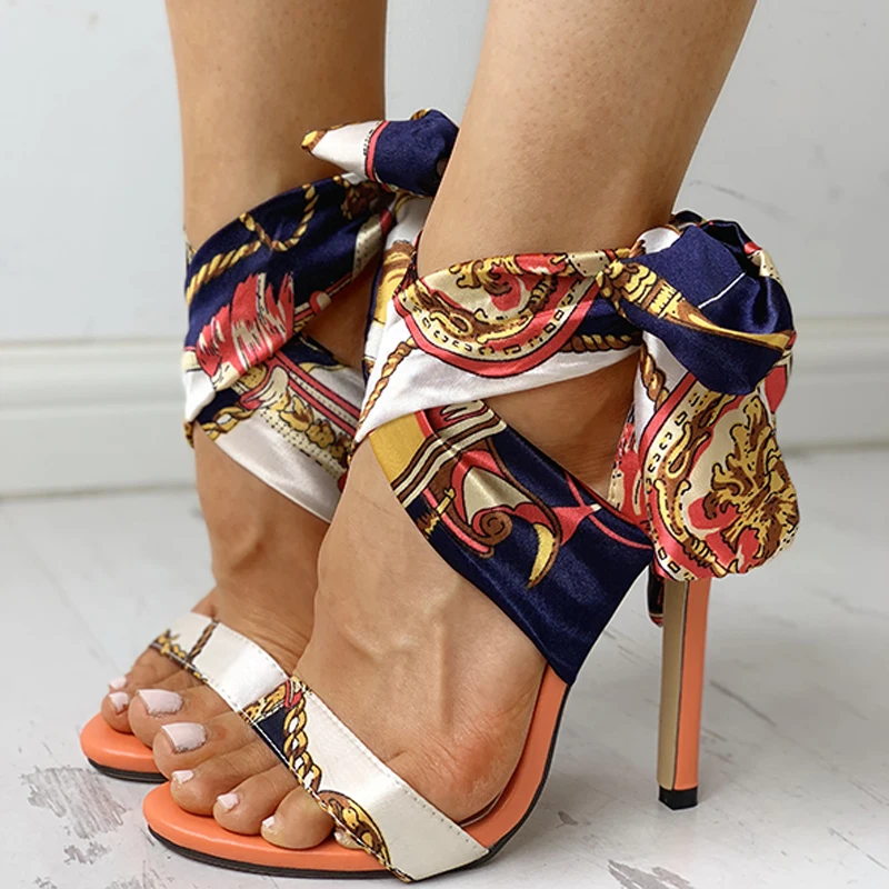 

Vacation Party Shoes Peep Toe Point Toe Heeled-sandals Satin Print Knotted Detail Thin Heeled Sandals