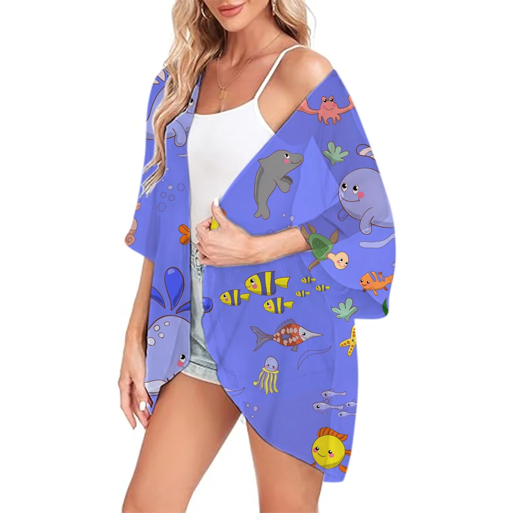 

Womens Kimono Beach Cover Up Chiffon Cardigan Shirt Cute Marine Organisms Printed Tops Loose Capes Kimono Summer Open Front Tops