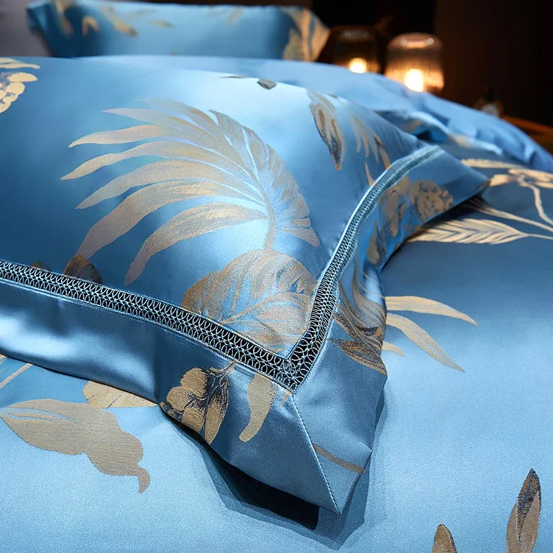 Luxury Satin Jacquard  Cotton Bedding Set Gold Leaves Egyptian Cotton Smooth Duvet Cover Set Flat/Fitted Sheet Pillowcases