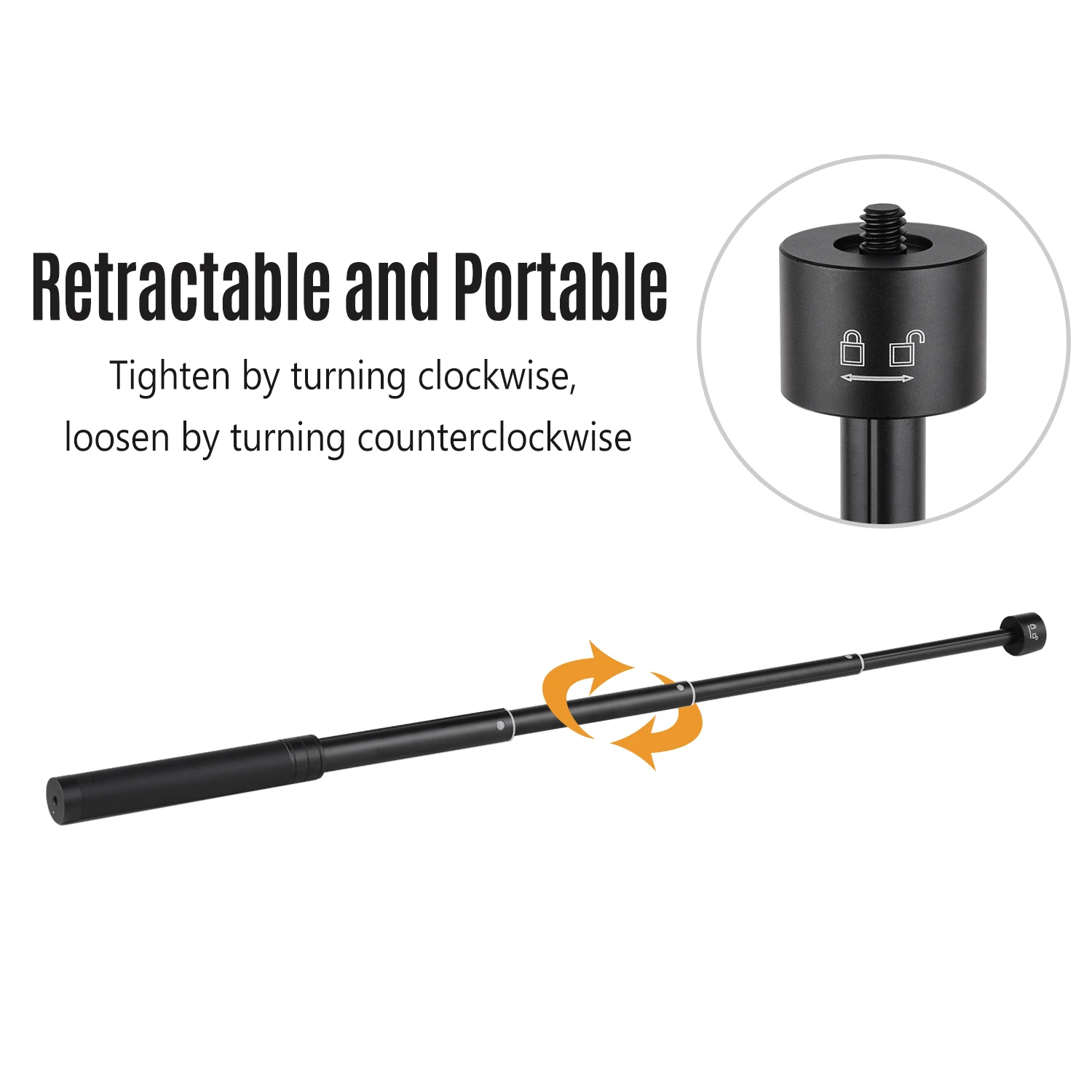 Perche d'extension réglable pour stabilisateur gimbal comprimée à 19 cm, comparée à une règle pour illustrer sa taille compacte.