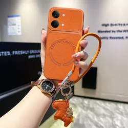 Magnetic Skin - Friendly PU Leather Phone Case with Horse Lanyard - Shockproof and Magsafe Compatible - Poco X8 Pro Max (Orange)