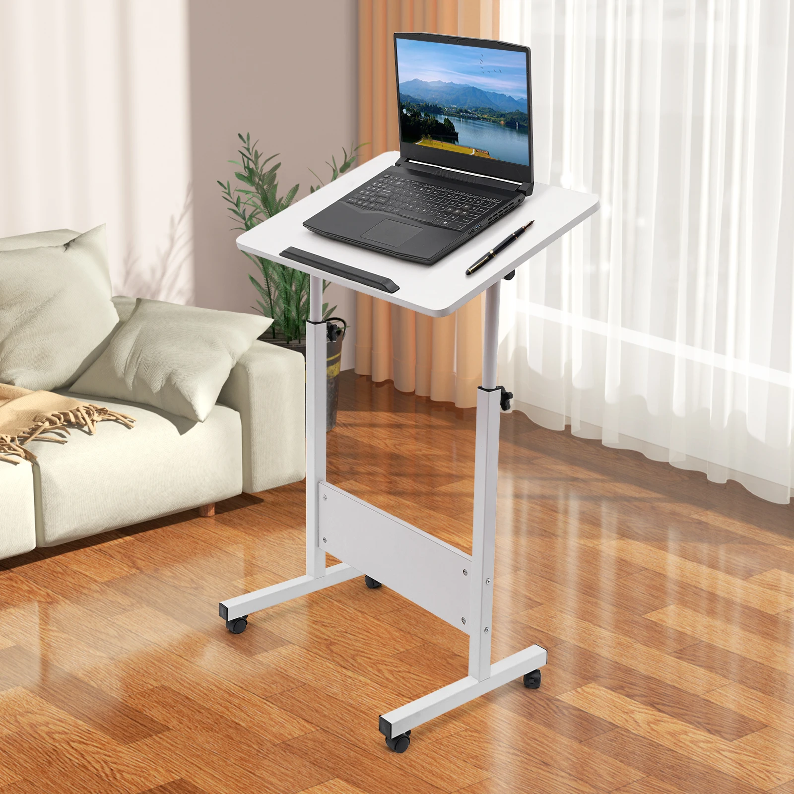 White Adjustable Height Standing Desk, Portable Laptop Desk, Rolling Computer Stand with Adjustable Height