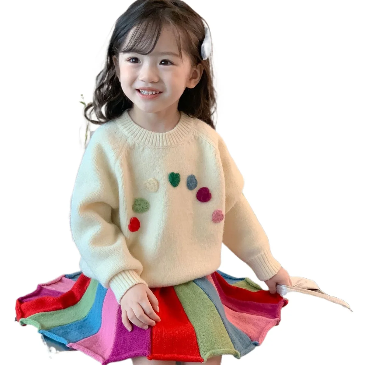 

Kids Clothes 2023 Autumn New Girls Color Love Sweater with Colorful Strip Skirt Two-piece Set