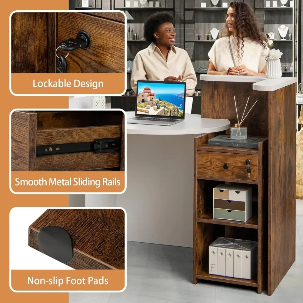 Reception Desk, Front Counter Desk with Lockable Drawer & Adjustable Shelf, Oval Desktop, Retail Counter for Checkout 5