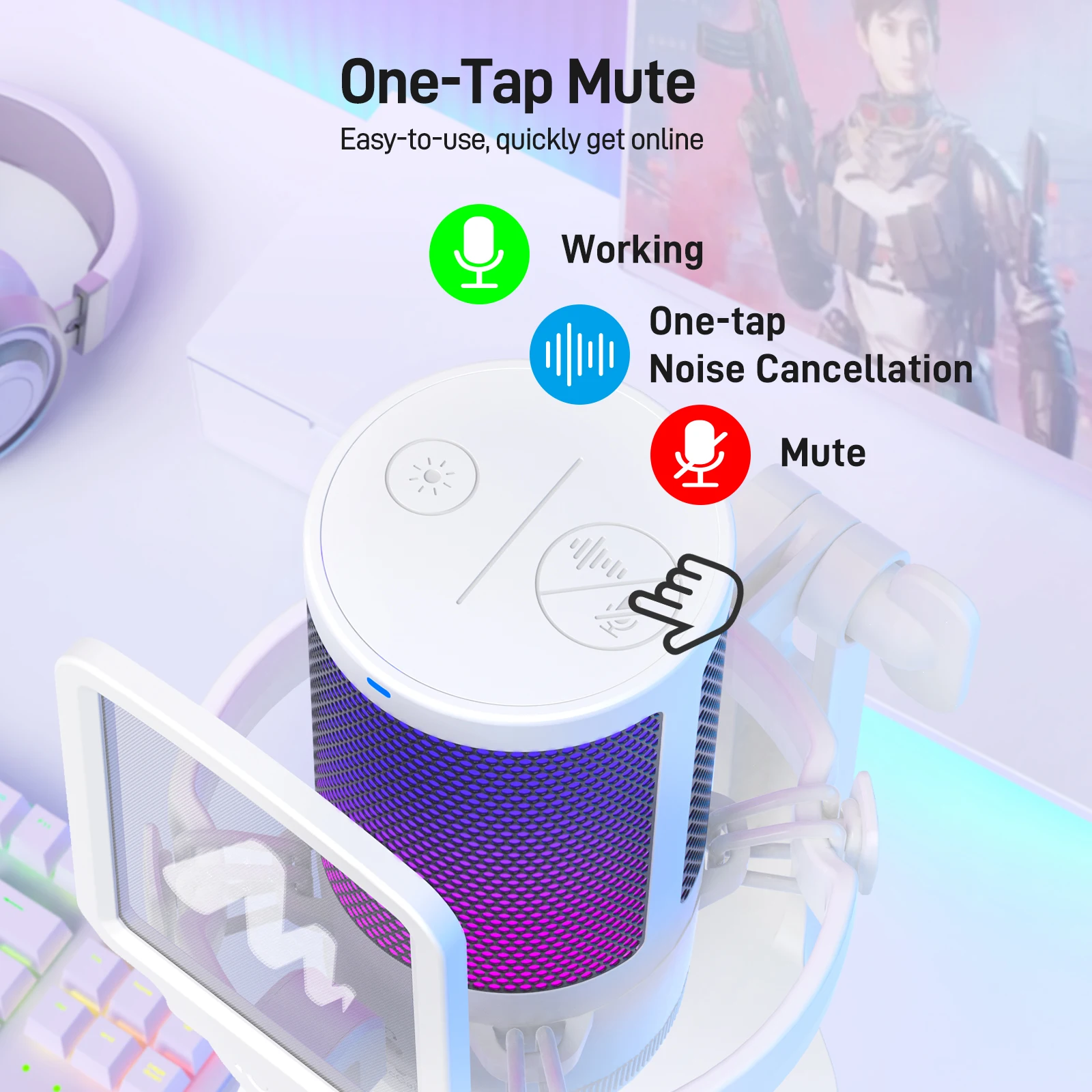 Maono Gamerwave RGB 게임용 마이크, USB 콘덴서 마이크, 노이즈 캔슬링 마이크, 마이크 게인, RGB 라이트, 원 키 음소거, DGM20