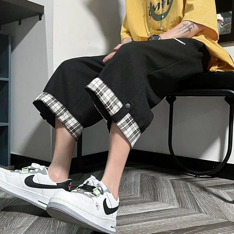 New Summer Waffler Men's Loose Shorts Simplicity Casual Drawstring Elastic Waist Rolled Edge Straight Wide Leg Calf Length Pants