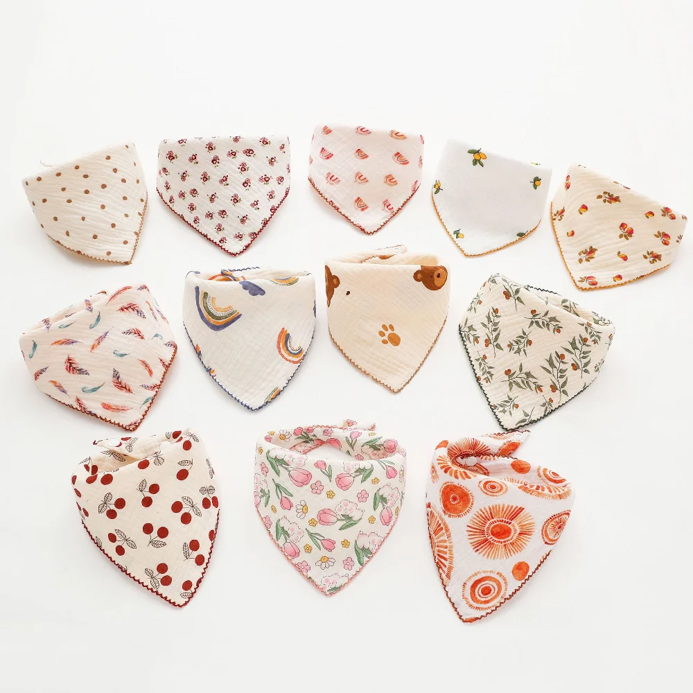 

New Baby Bibs Muslin Cotton Stuff Newborn Snap Button Soft Cartoon Triangle Saliva Towel Burp Cloth Girl Boys Feeding Drool Bibs