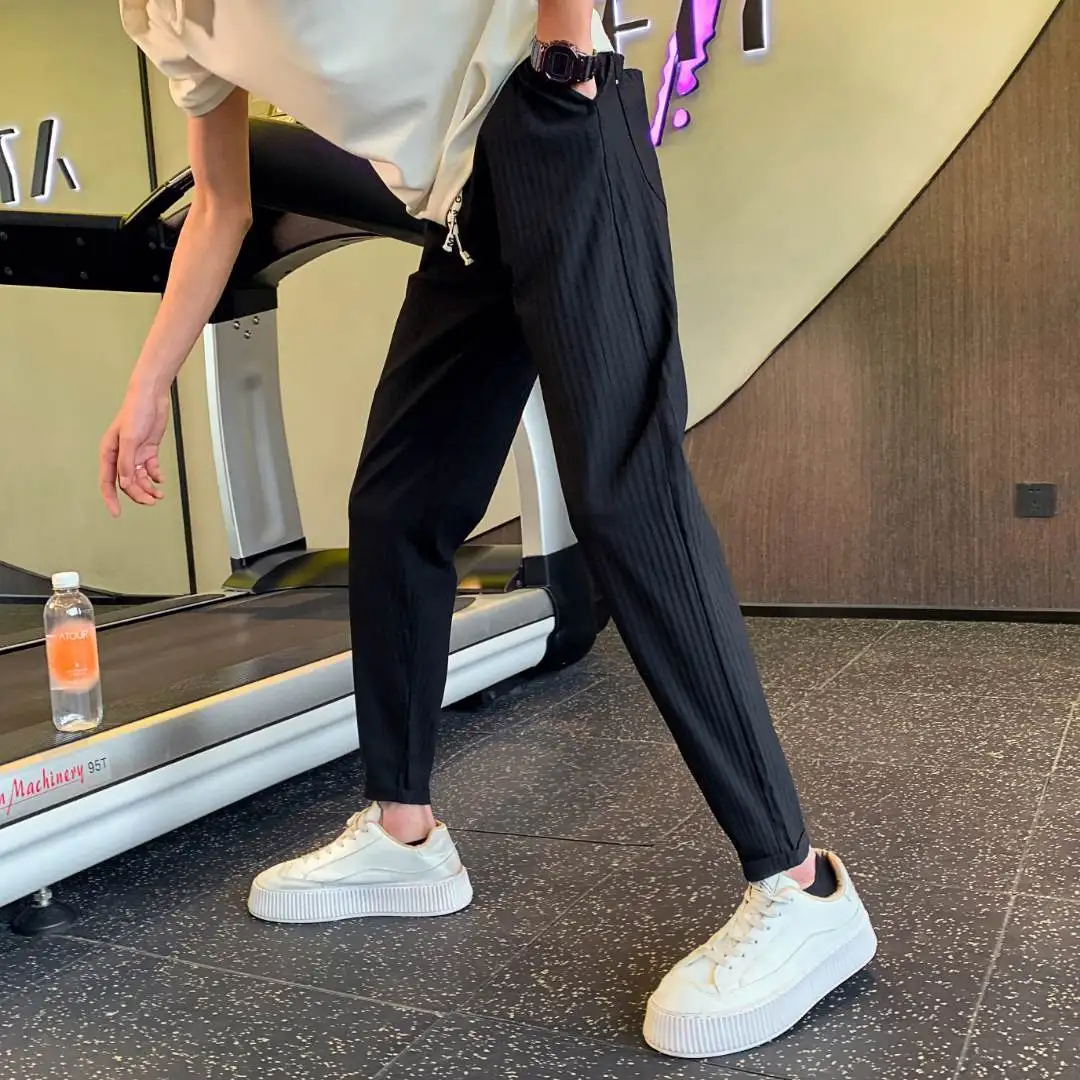 2024 Spring Summer New Fashion High Waist Men's Clothing Shrink Feet Solid All Match Korean Style Casual Loose Rope Hombre Pants