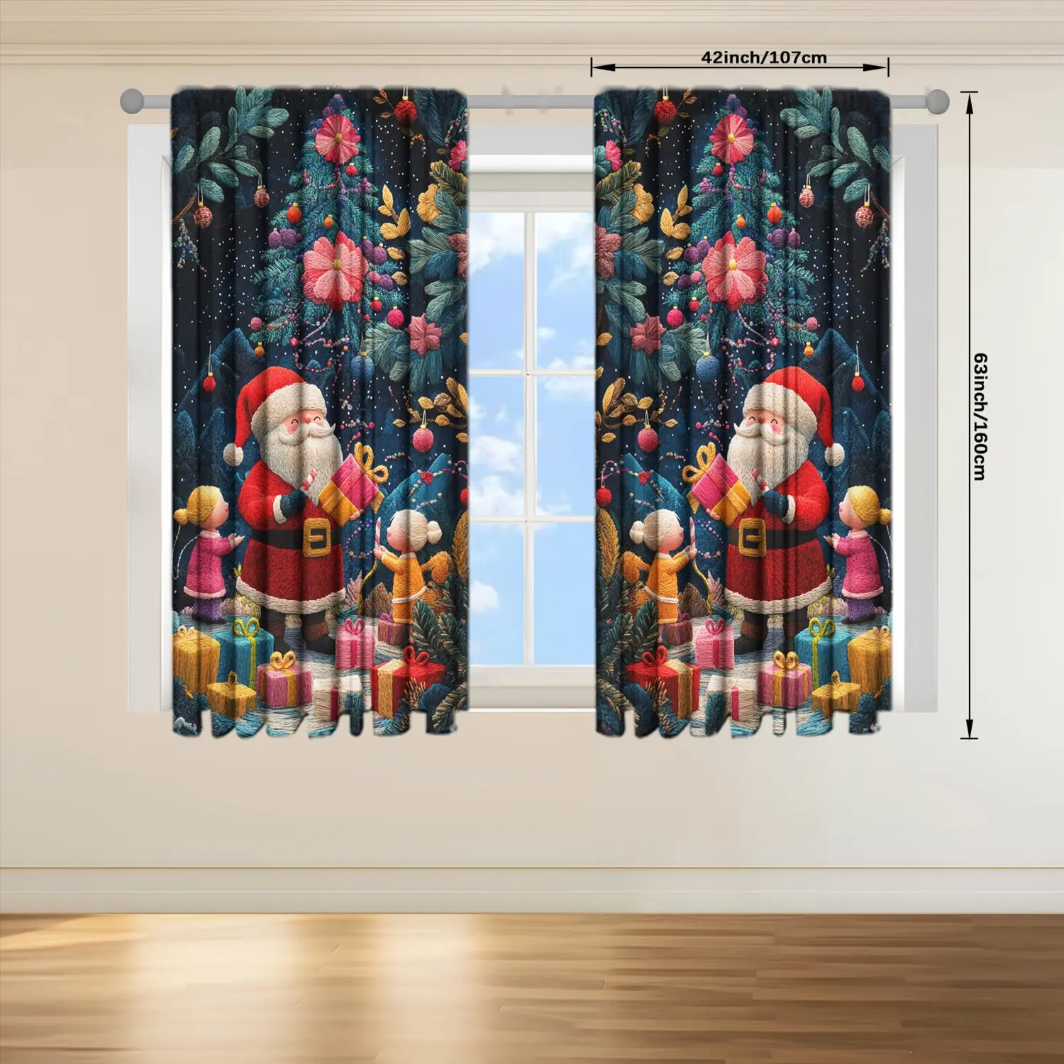 Description Picture 6 of item2pcs Mbroidered Santa Claus Gives Gifts Printed Curtain for Christmas Home Decor-Rod Pocket Window Treatment for Bedroom, Office