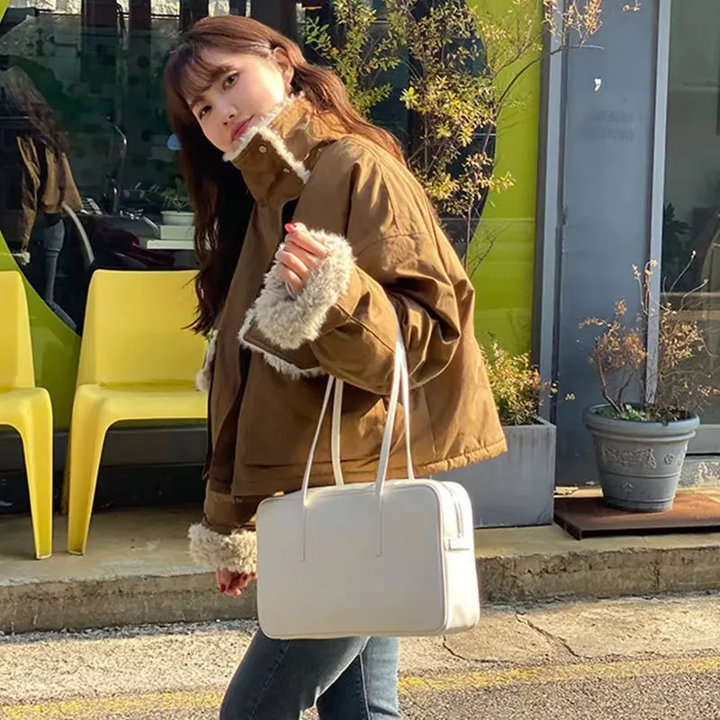 

FIRMRANCH Stylish Korean Niche Brand Top-Quality Cowhide Bright Oil Wax Leather Woman Shoulder Underarm Tote Boston Bag Purse