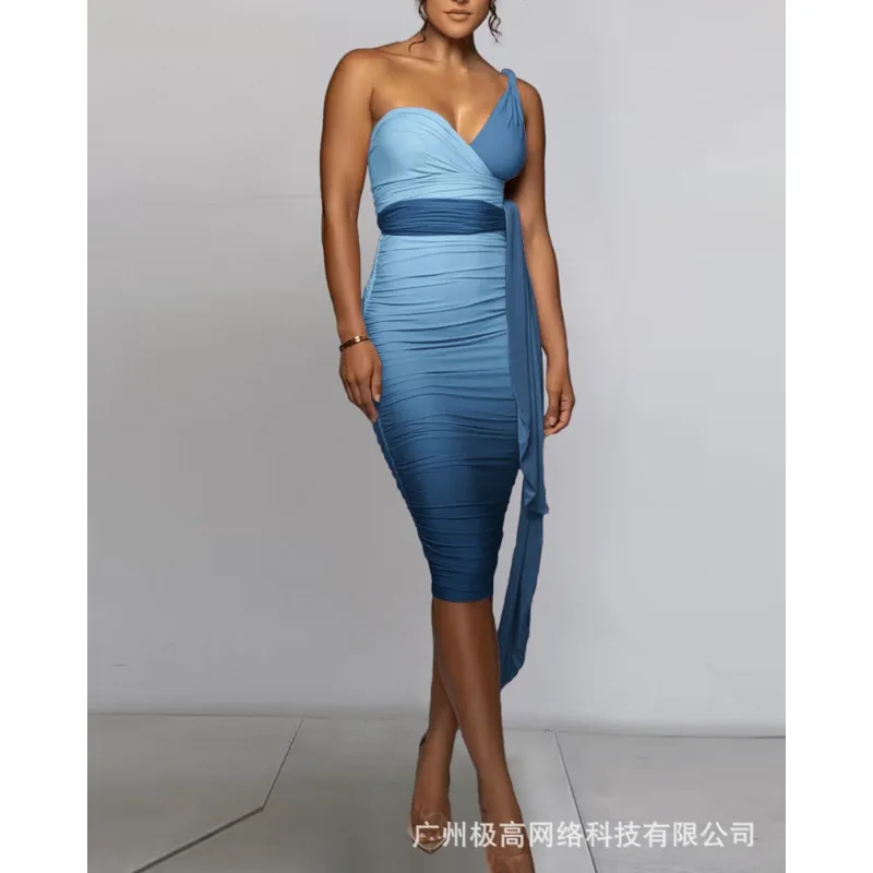 

Wepbel Dress Fold Ombre Sleeveless Tied Detail Sexy Pleated Bodycon Dress Women Gradient Color Mid-Length Ruched Bodycon Dress