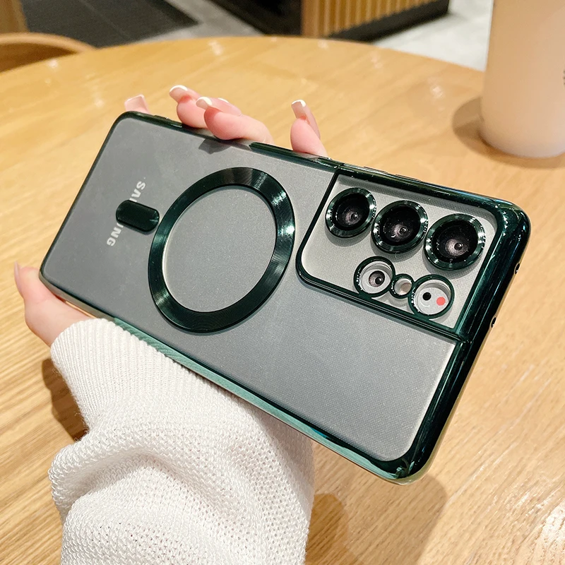 

Luxury Magnetic Wireless Charge Transparent Phone Case For Samsung S22 S21 Ultra Plus 5G Shockproof Silicone Soft Cover funda