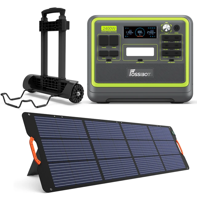 Fossibot F2400 2400W Portable Power Station with SP200 200W Solar Panel +  Portable Cart for Home Outdoor Camping Emergency