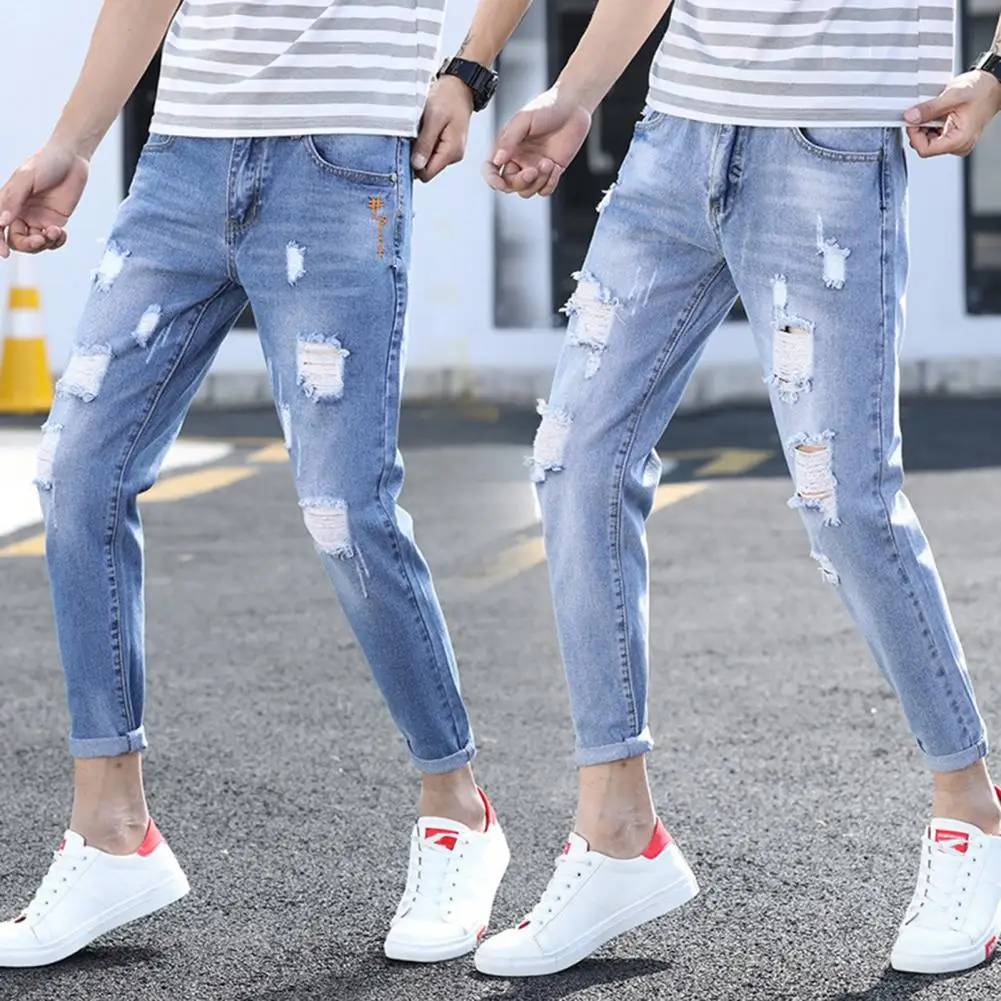 

Cool Men Jeans Ankle-Length Men Elastic Slim Fit Denim Pants Mid-rise Anti-wrinkle Denim Pants Daily Garment