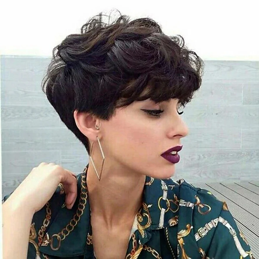 

Short Full Wigs Pixie Cut Wig for Black Women Brazilian Remy Human Hair Blend Wig Machine Made Wigs