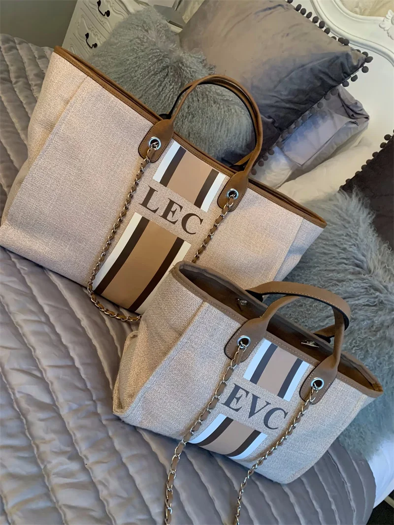 Personalised Monogram Tote Bag Canvas Customised Beige Brown White Chain Handbag Personalized Stripe Initials
