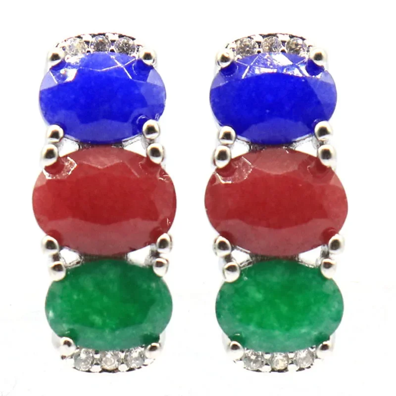 

4.2g Customized 925 SOLID STERLING SILVER Earrings Real Blue Sapphire Green Emerald Red Ruby Fire Rainbow Mystic Topaz